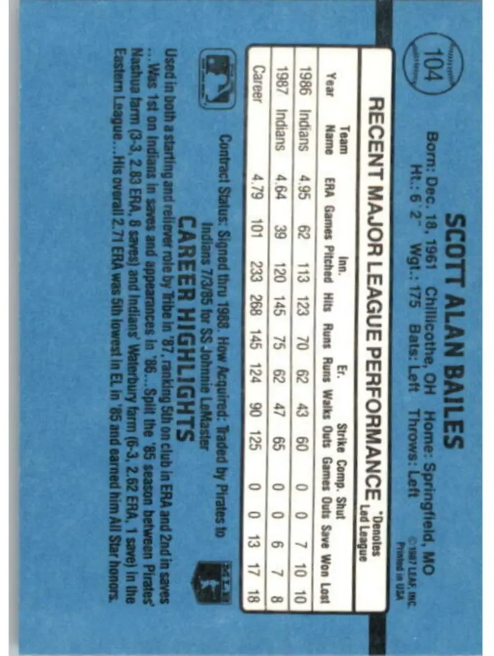 1988 Scott Bailes Donruss Baseball Card #104
